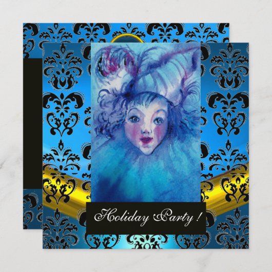 BLAU, SCHWARZE GOLD-DAMASK-MONOGRAMM, Saphir Einladung (Vorne/Hinten)