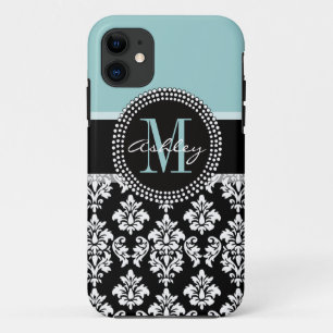 BLAU, SCHWARZES DAMASK, DEIN MONOGRAM, IHRER NAME Case-Mate iPhone HÜLLE