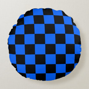 Blau-schwarzes Karomuster Rundes Kissen