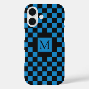 Blau-schwarzes Schachbrettmuster-Monogramm iPhone 16 Hülle