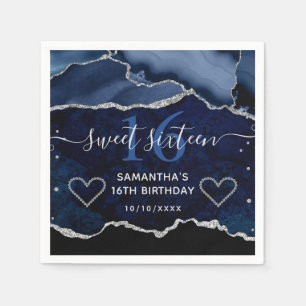 Blau & Silber Faux Glitter Achatmuster Süß 16 Serviette