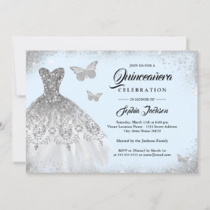 Blau Silber Glanz Kleid Schmetterling Quinceanera Einladung