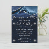 Blau Silber Glitter Achat Geburtstagsfeier Einladung (Stehend Vorderseite)