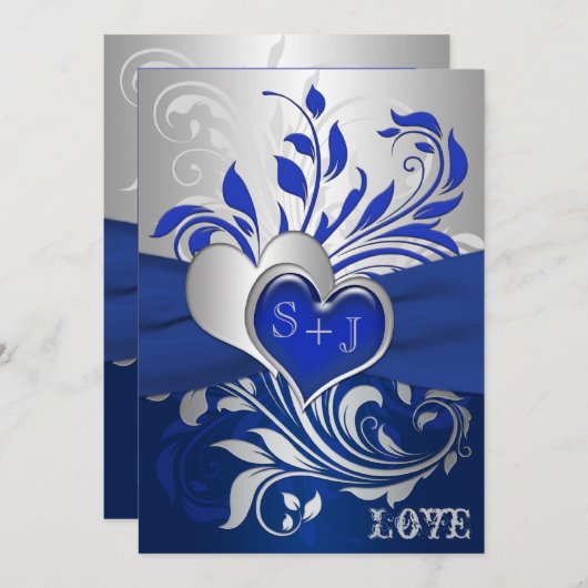 Blau, Silber, Herz, Einladung zur Hochzeit (Vorne/Hinten)