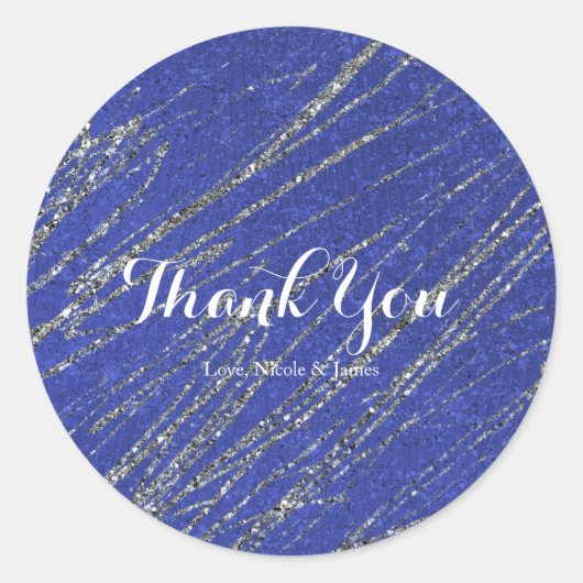Blau & Silber Modernes Glam Marmorstreifen Party Runder Aufkleber (Vorderseite)