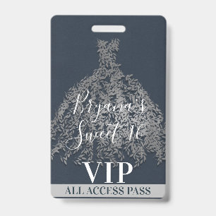 Blau Silber Rustikale Blätter Kleid Sweet 16 VIP P Ausweis