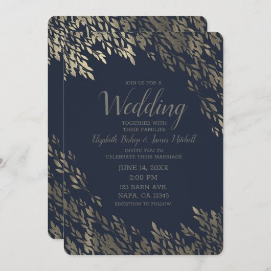 Blau & Silber Silber Blätter Chic Rustic Wedding Einladung (Vorne/Hinten)