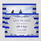 Blau-Silber-Streifen-Foto Save the Date-Karte Date (Vorne/Hinten)