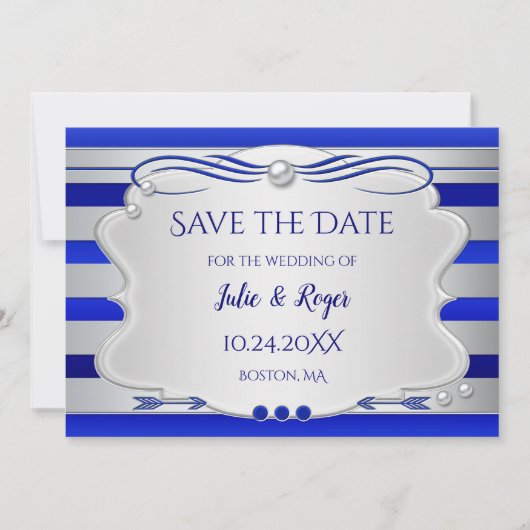 Blau-Silber-Streifen-Foto Save the Date-Karte Save The Date (Vorderseite)