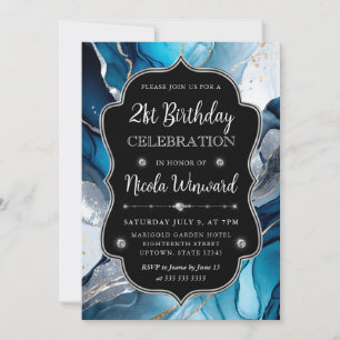 Blau, Silber und Gold Alkohol-Tinte 21. Geburtstag Einladung