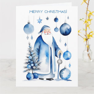 Blau, Silber und Weiß Japandi Santa Karte