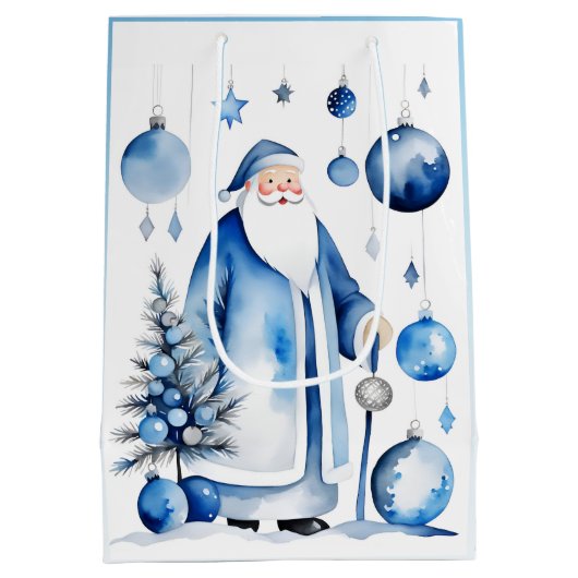 Blau, Silber und Weiß Japandi Santa Mittlere Geschenktüte (Rückseite)