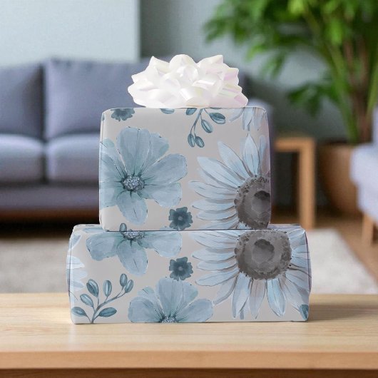 Blau Silber Wasserfarbenfloral Geschenkpapier
