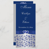 Blau, Silbergraue Blüte, Herzkarte Menükarte (Vorne/Hinten)