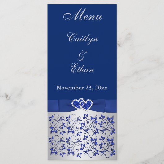 Blau, Silbergraue Blüte, Herzkarte Menükarte (Vorderseite)