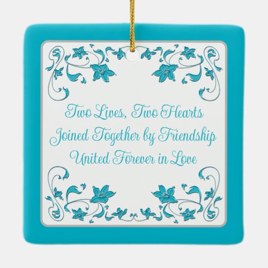 Blau, Silberne Liebe Herz Hochzeit 1. Weihnachten Keramikornament (Rückseite)