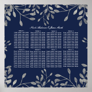 Blau‑silberner botanischer Blumenblätter‑Sitzplan Poster