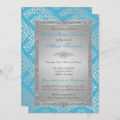 Blau, Silberner Glitzer Damask Brautparty Einladun Einladung (Vorne/Hinten)