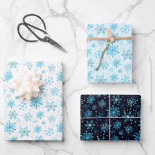 Blau-silbernes Winter-Schneeflockenmuster Geschenkpapier Set