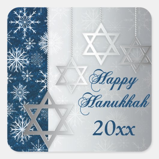 Blau, Silberschneeflocken Happy Hanukkah Sticker (Vorderseite)