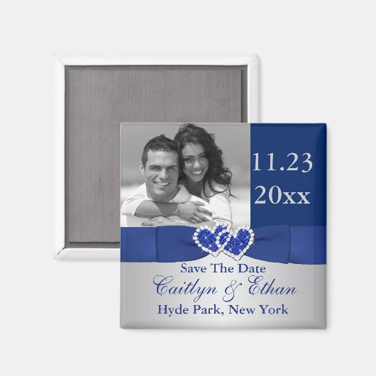 Blau, Silver Joined Hearts Speichern Sie das Date Magnet (Vorderseite/Rückseite)