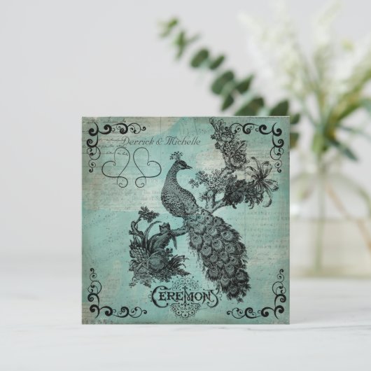 Blau singt eine Lied-Pfau-Hochzeits-Einladung Einladung (Stehend Vorderseite)