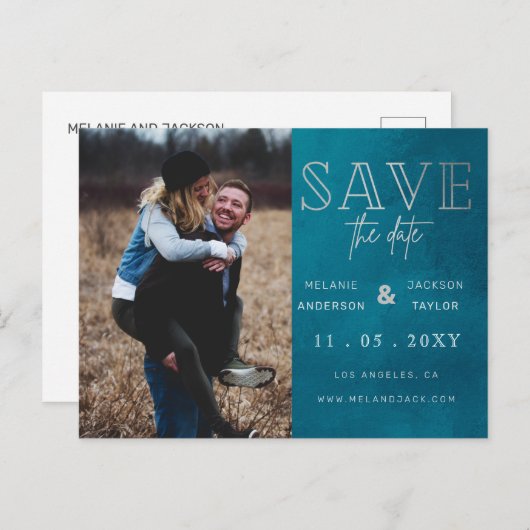 Blau Stilvolles handgeschriebenes Foto Save the Da Ankündigungspostkarte (Vorne/Hinten)