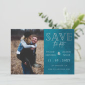 Blau Stilvolles handgeschriebenes Foto Save the Da Date (Stehend Vorderseite)