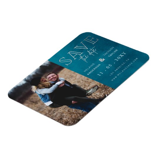 Blau Stilvolles handgeschriebenes Foto Save the Da Magnet (Linke Seite)