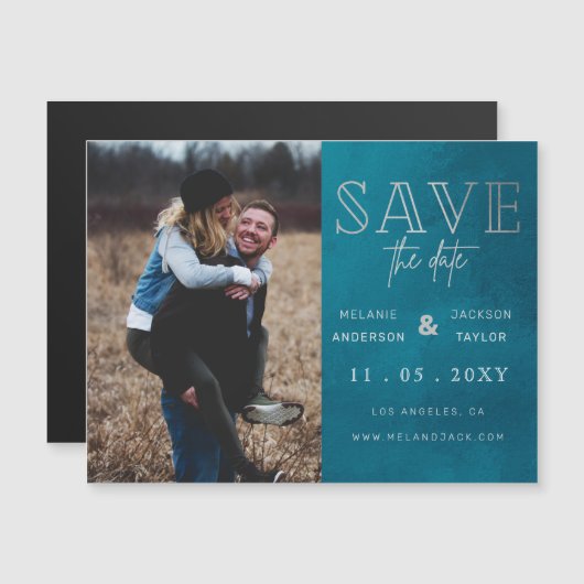 Blau Stilvolles handgeschriebenes Foto Save the Da Magneteinladung (Vorne/Hinten)