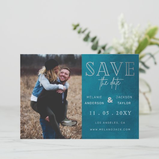 Blau Stilvolles handgeschriebenes Foto Save the Da Save The Date (Stehend Vorderseite)