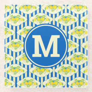 Blau Streifen und Blätter Muster Glasuntersetzer