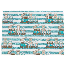 BLAU & TAN GLITZER SEHEN BABY BOY TEDDY BEARS TRAI GROßE GESCHENKTÜTE