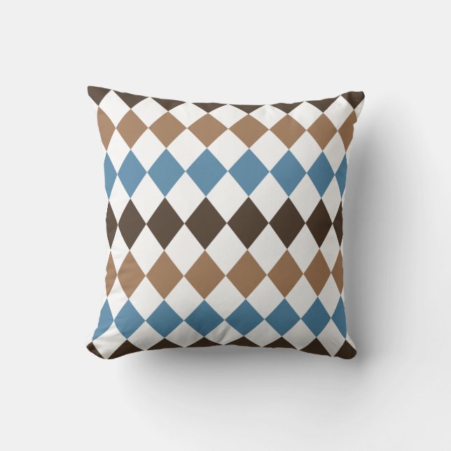 Blau, Tan und Brown Diamond Harlequin Kissen (Vorderseite)
