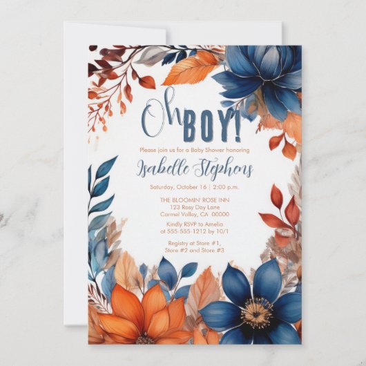 Blau | Terracotta Oh Boy Fall Floral Baby Dusche Einladung (Vorderseite)