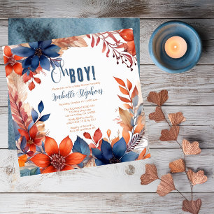 Blau   Terracotta Oh Boy Fall Floral Baby Dusche Einladung