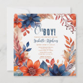Blau | Terracotta Oh Boy Fall Floral Baby Dusche Einladung (Vorderseite)