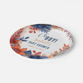 Blau | Terracotta Oh Boy Fall Floral Baby Dusche Pappteller (Schrägansicht)