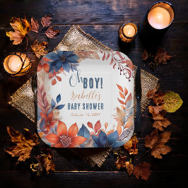 Blau | Terracotta Oh Boy Fall Floral Baby Dusche Pappteller