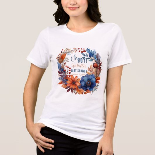 Blau | Terracotta Oh Boy Fall Floral Baby Dusche Tri-Blend Shirt (Vorderseite)