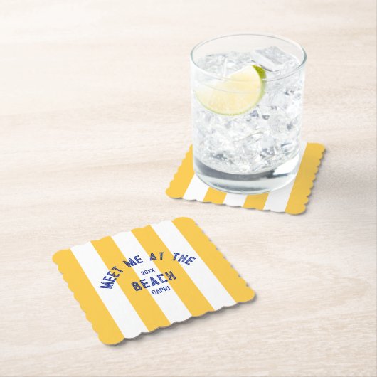 Blau trifft mich am Strand gelben Cabana Streifen Untersetzer (Vor Ort)