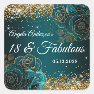 Blau Türkis Floral Gold Glitter Glam 18 & Fabelhaf Quadratischer Aufkleber