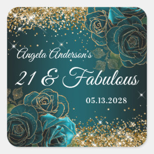 Blau Türkis Floral Gold Glitter Glam 21 & Fantasti Quadratischer Aufkleber