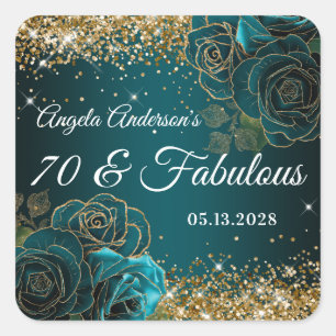 Blau Türkis Floral Gold Glitter Glam 70 & Fantasti Quadratischer Aufkleber