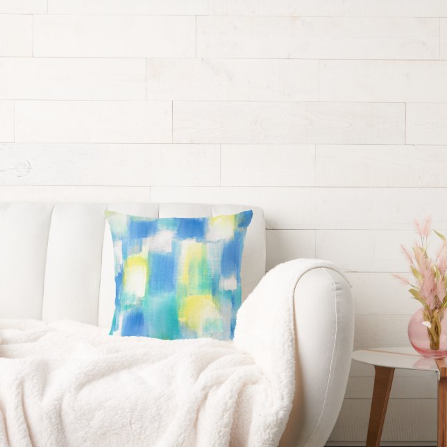 Blau Türkis gelb Weiß Moderne Abstrakt Kissen (Liege)