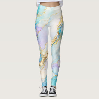 Blau Türkis Lila Gold Abstrakte Florale Marmorieru Leggings