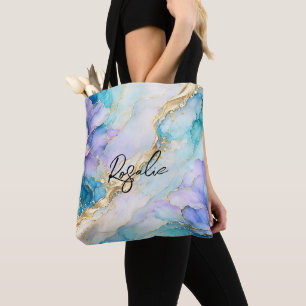 Blau Türkis Lila Gold Abstrakte Florale Marmorieru Tasche