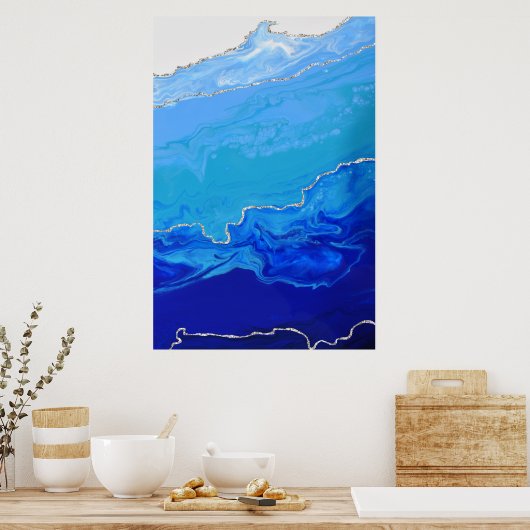 Blau Türkis Silbermarmor Abstrakte Kunst Poster (Küche)