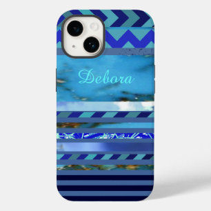 Blau-Türkis-Streifen Muster-Individuelle Name Case-Mate iPhone 14 Hülle