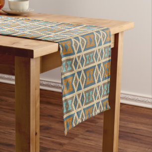 Blau Türkis Teal Orange Beige Braun Stammeskunst Kurzer Tischläufer